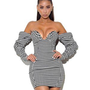 KYLIE PUFF SLEEVE OFF SHOULDER HOUNDSTOOTH DRESS